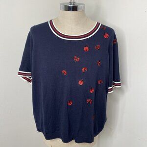 Oprah Magazine Talbots Shirt Blue Red Beaded Ladybug Top NEW 2X Embroidered